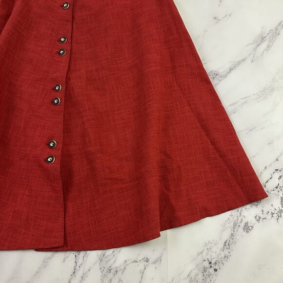 Vintage 80s Womens A-Line Skirt Size 40 M Red Linen Blend Button Front Pockets - Picture 3 of 12
